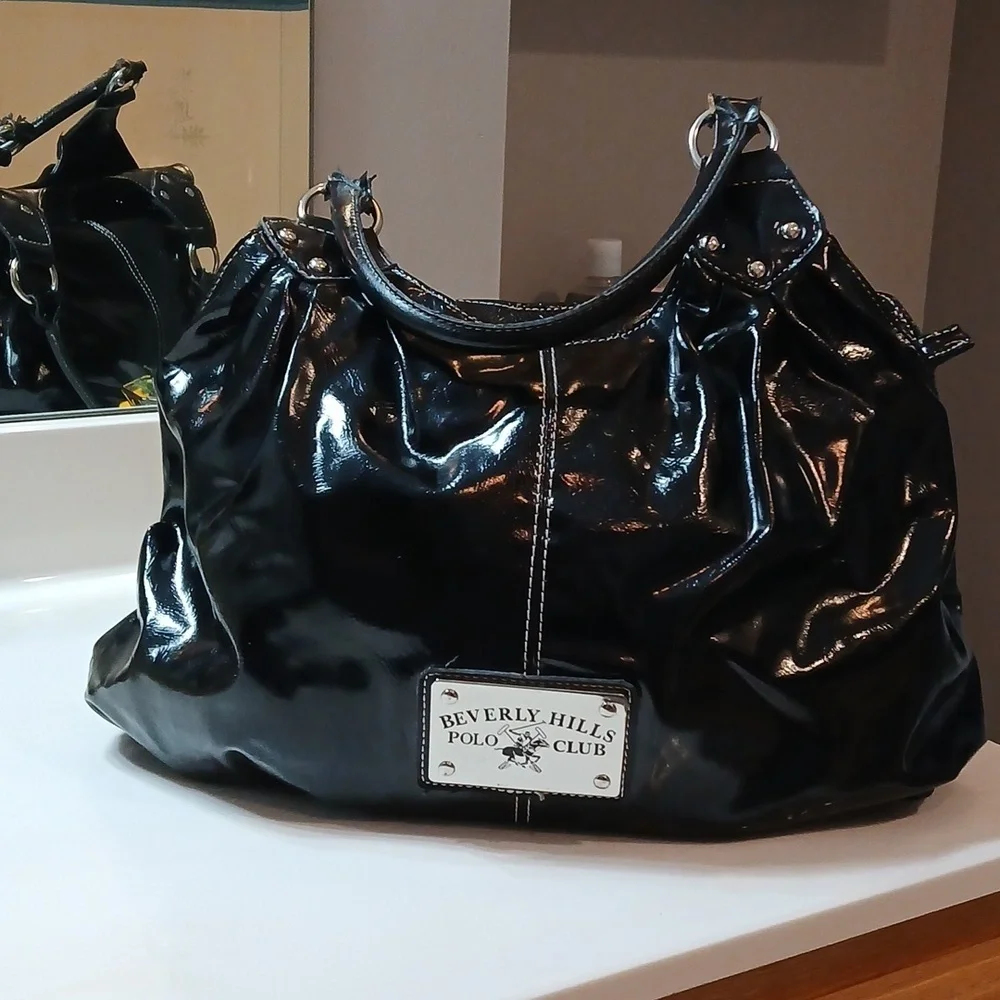 Beverly Hills Polo Club black patent leather shoulder bag. Vintage